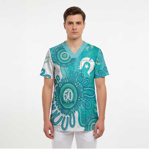NAIDOC Week 2026 Scrub Top 50 Years Deadly Dhari Cyan Aboriginal Art