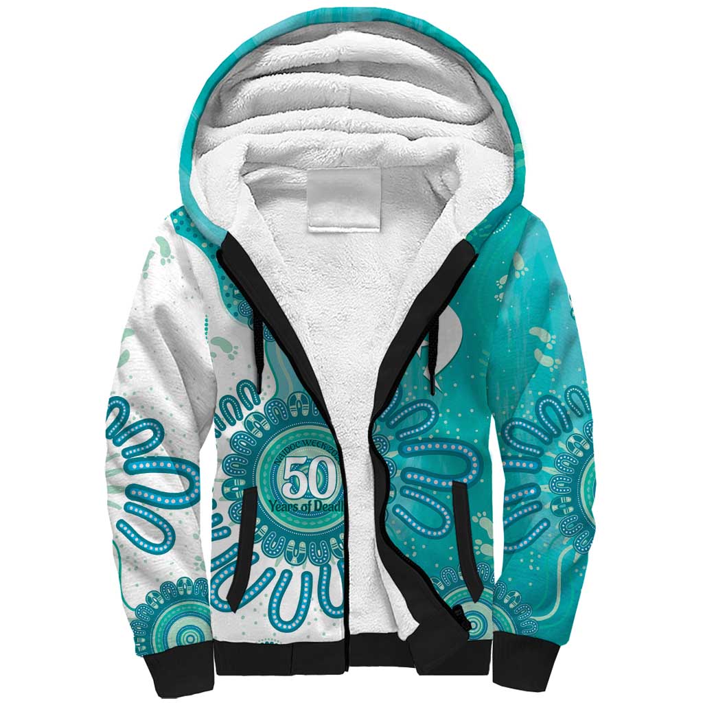 NAIDOC Week 2026 Sherpa Hoodie 50 Years Deadly Dhari Cyan Aboriginal Art