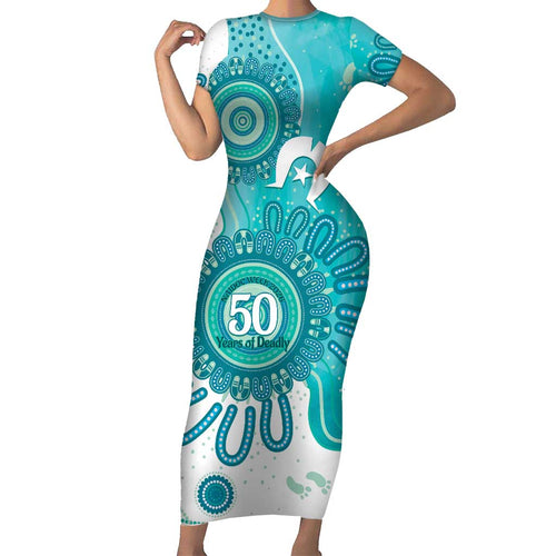NAIDOC Week 2026 Short Sleeve Bodycon Dress 50 Years Deadly Dhari Cyan Aboriginal Art