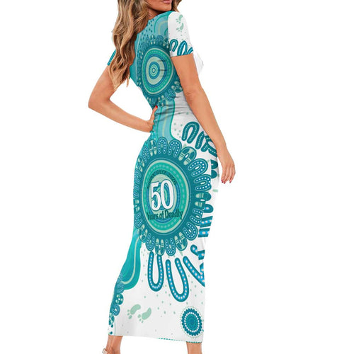 NAIDOC Week 2026 Short Sleeve Bodycon Dress 50 Years Deadly Dhari Cyan Aboriginal Art