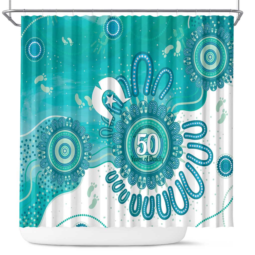 NAIDOC Week 2026 Shower Curtain 50 Years Deadly Dhari Cyan Aboriginal Art