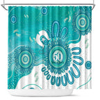 NAIDOC Week 2026 Shower Curtain 50 Years Deadly Dhari Cyan Aboriginal Art
