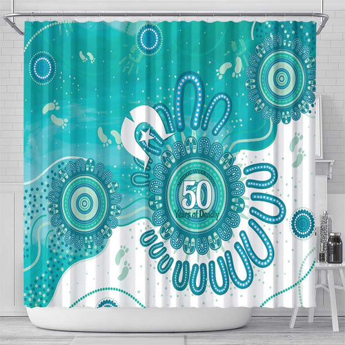 NAIDOC Week 2026 Shower Curtain 50 Years Deadly Dhari Cyan Aboriginal Art