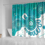 NAIDOC Week 2026 Shower Curtain 50 Years Deadly Dhari Cyan Aboriginal Art