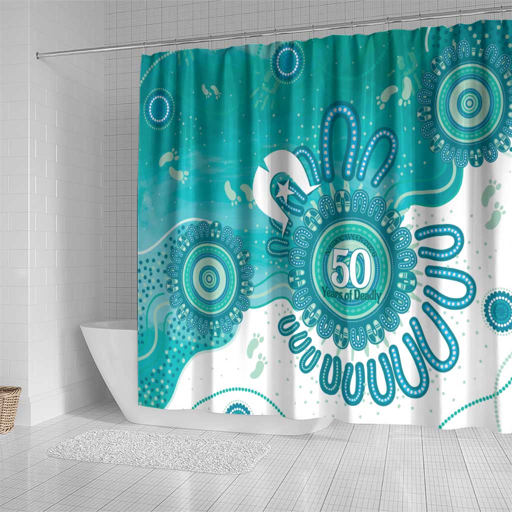 NAIDOC Week 2026 Shower Curtain 50 Years Deadly Dhari Cyan Aboriginal Art