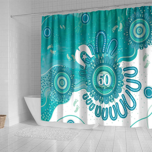 NAIDOC Week 2026 Shower Curtain 50 Years Deadly Dhari Cyan Aboriginal Art