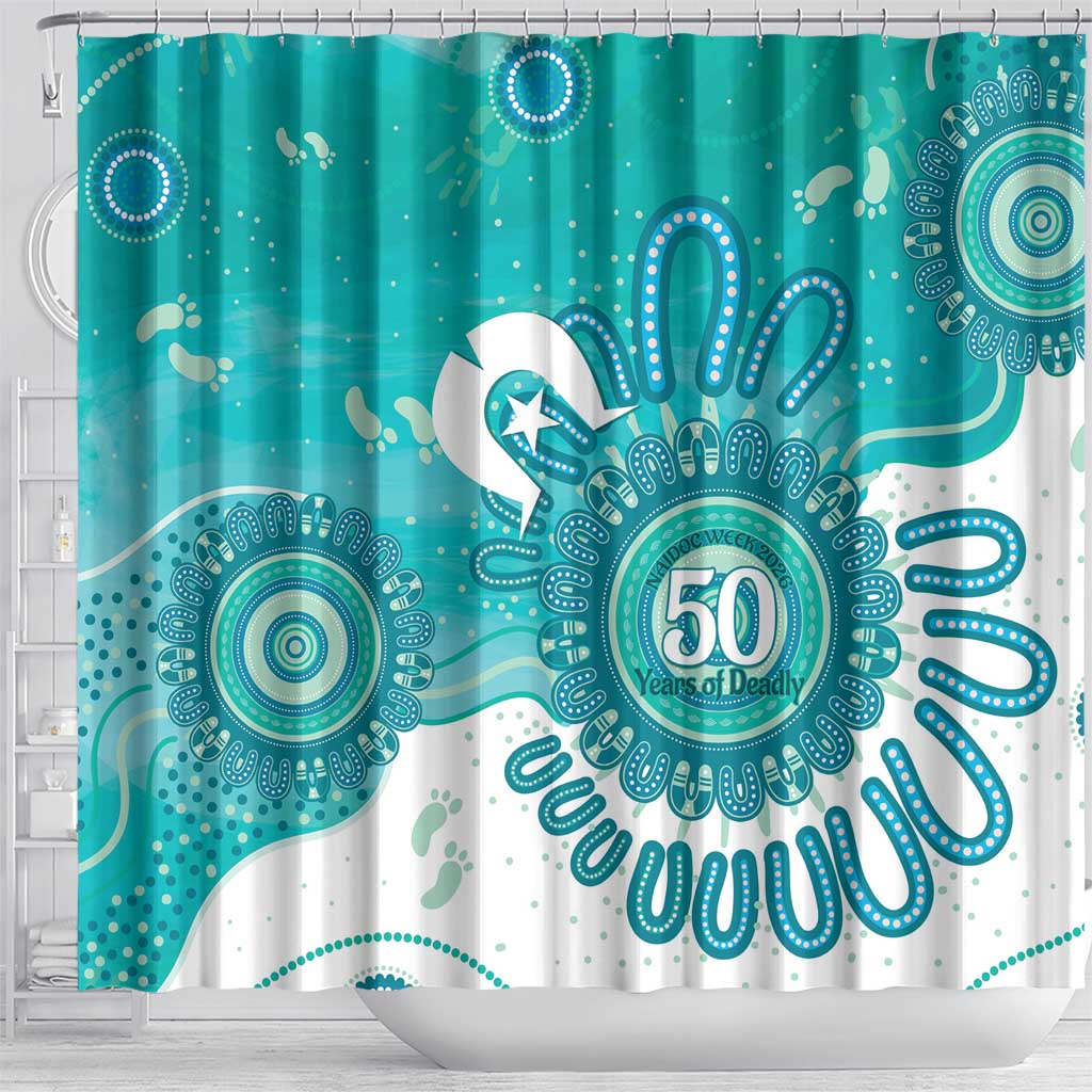 NAIDOC Week 2026 Shower Curtain 50 Years Deadly Dhari Cyan Aboriginal Art