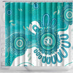 NAIDOC Week 2026 Shower Curtain 50 Years Deadly Dhari Cyan Aboriginal Art