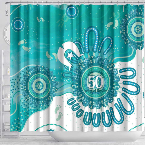 NAIDOC Week 2026 Shower Curtain 50 Years Deadly Dhari Cyan Aboriginal Art