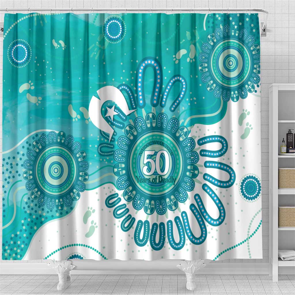 NAIDOC Week 2026 Shower Curtain 50 Years Deadly Dhari Cyan Aboriginal Art