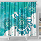 NAIDOC Week 2026 Shower Curtain 50 Years Deadly Dhari Cyan Aboriginal Art