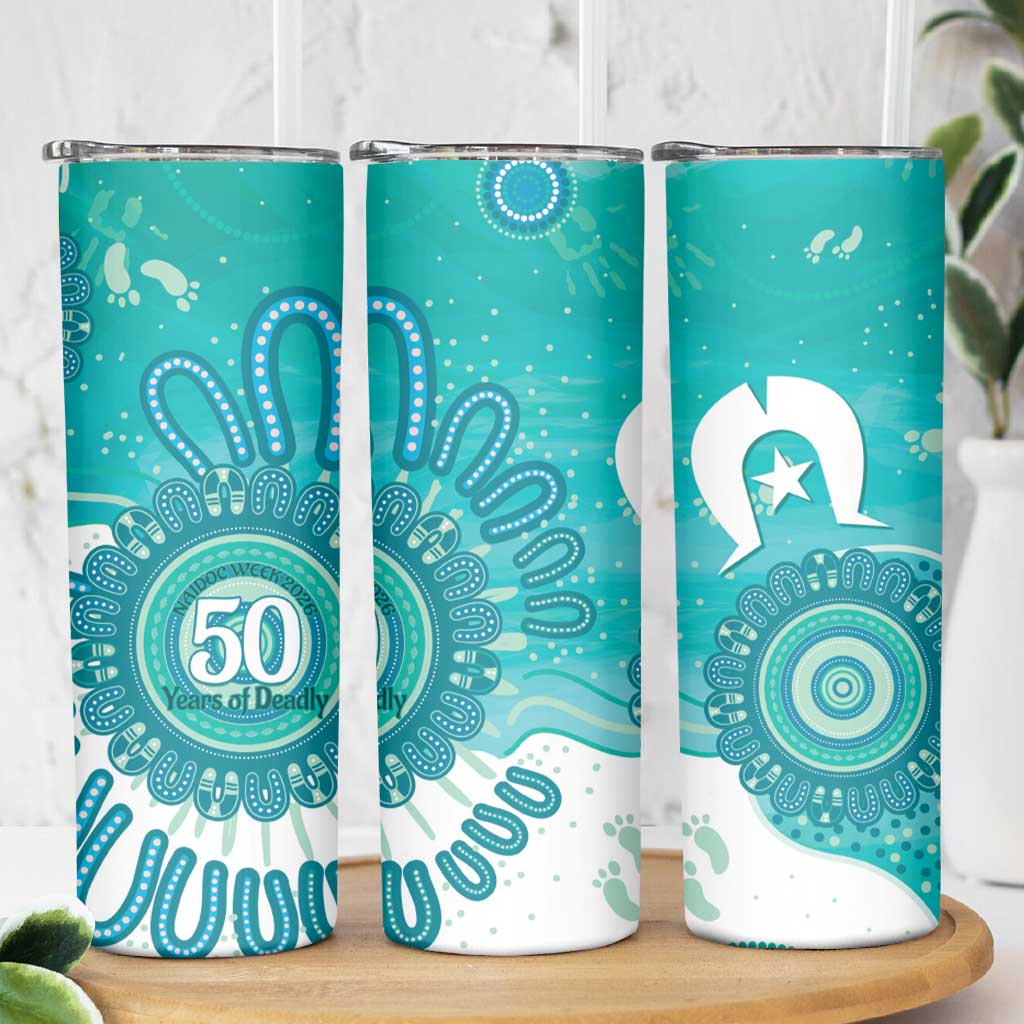 NAIDOC Week 2026 Skinny Tumbler 50 Years Deadly Dhari Cyan Aboriginal Art