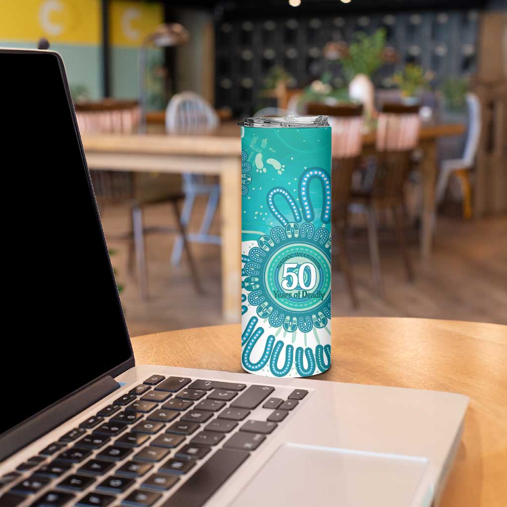 NAIDOC Week 2026 Skinny Tumbler 50 Years Deadly Dhari Cyan Aboriginal Art