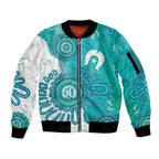 NAIDOC Week 2026 Sleeve Zip Bomber Jacket 50 Years Deadly Dhari Cyan Aboriginal Art