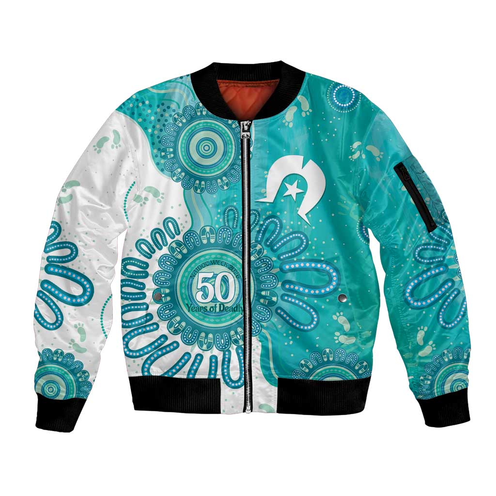 NAIDOC Week 2026 Sleeve Zip Bomber Jacket 50 Years Deadly Dhari Cyan Aboriginal Art