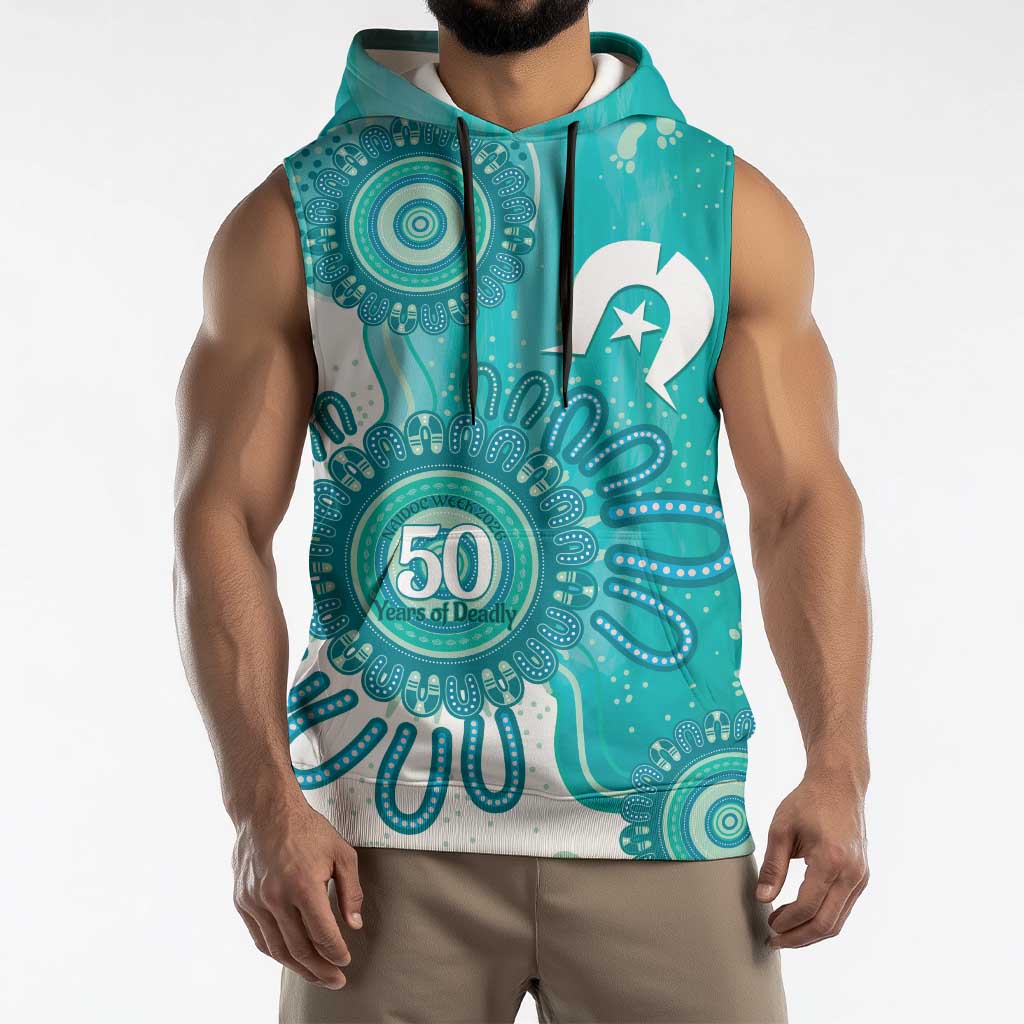 NAIDOC Week 2026 Sleeveless Hoodie 50 Years Deadly Dhari Cyan Aboriginal Art