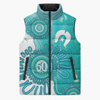 NAIDOC Week 2026 Sleeveless Puffer Jacket 50 Years Deadly Dhari Cyan Aboriginal Art