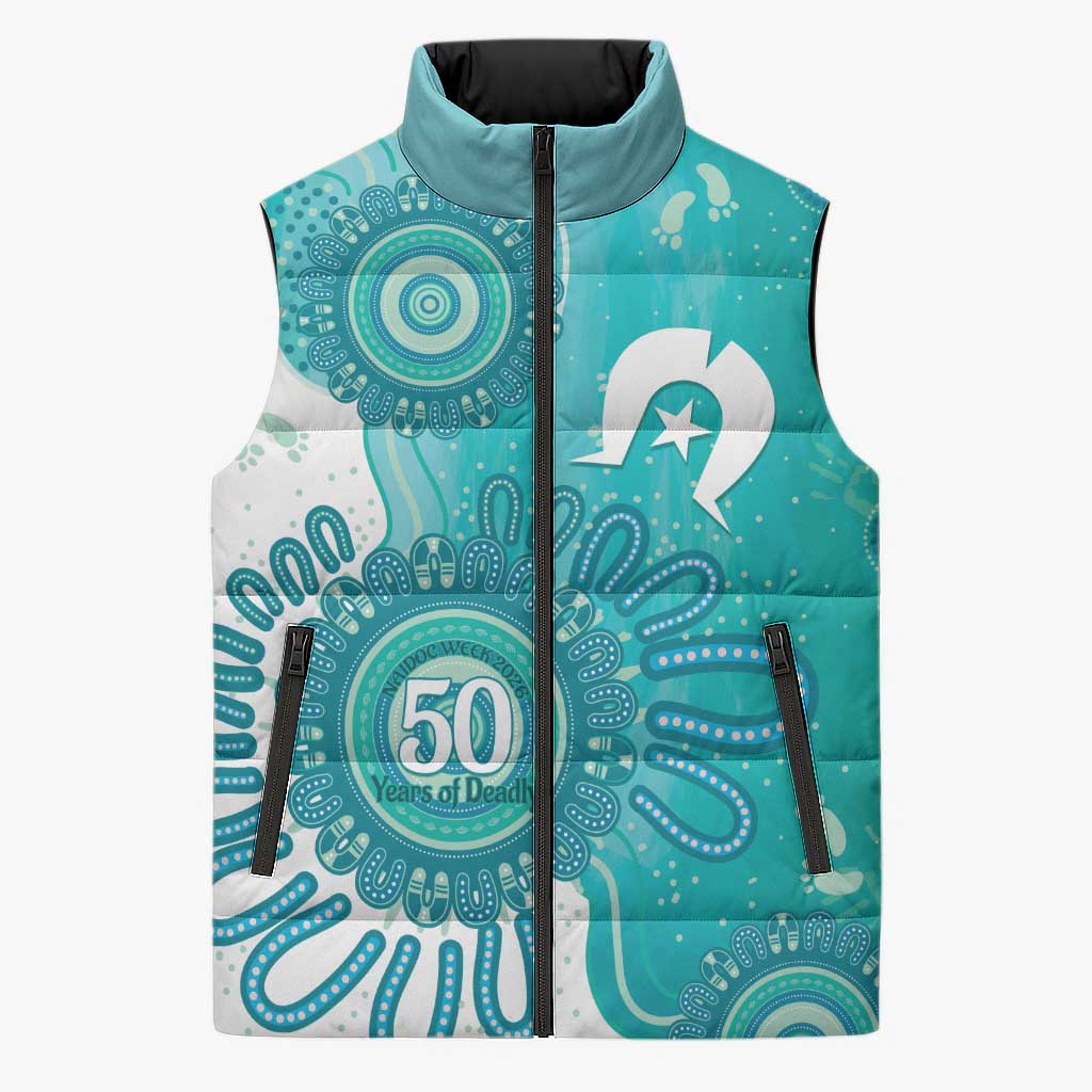 NAIDOC Week 2026 Sleeveless Puffer Jacket 50 Years Deadly Dhari Cyan Aboriginal Art