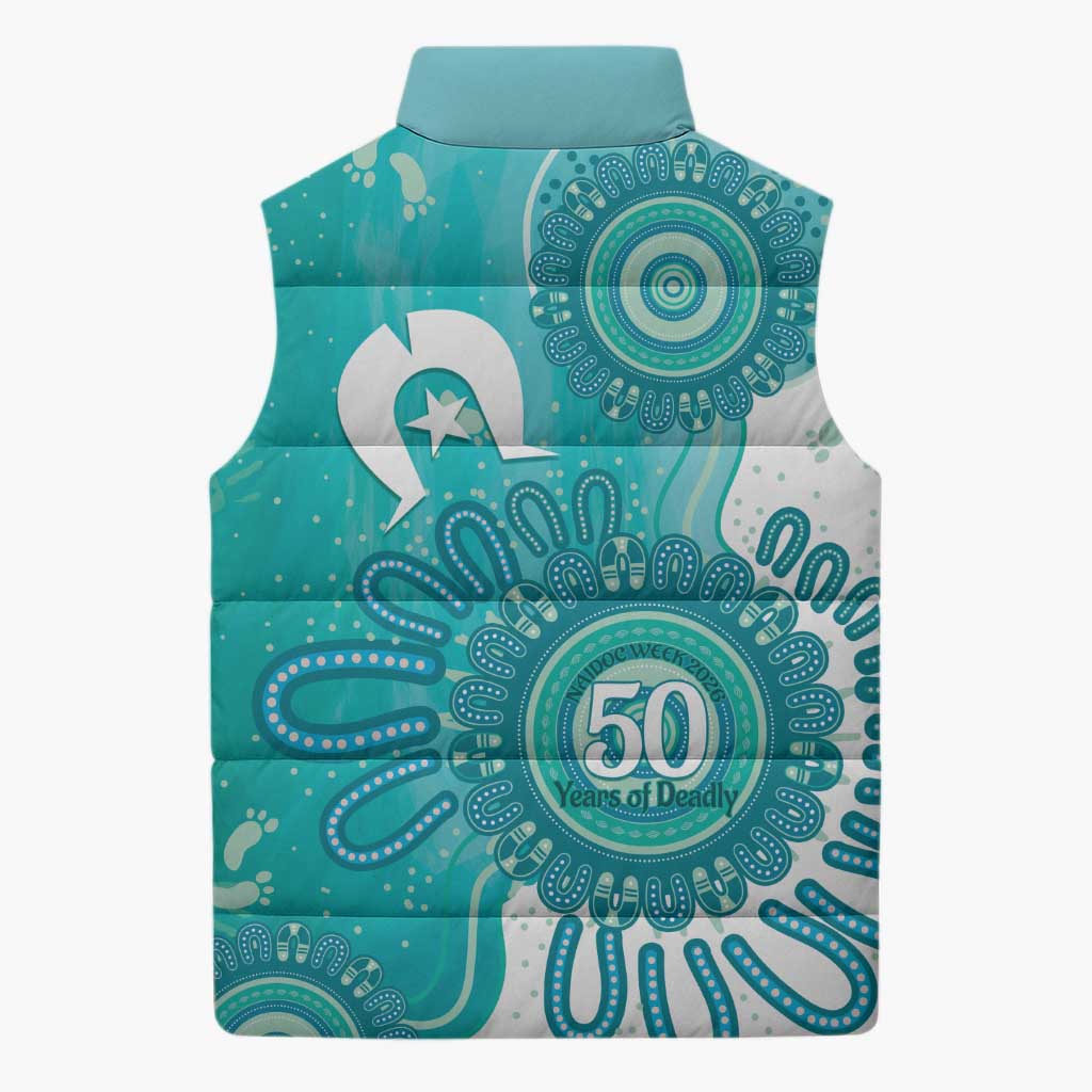 NAIDOC Week 2026 Sleeveless Puffer Jacket 50 Years Deadly Dhari Cyan Aboriginal Art