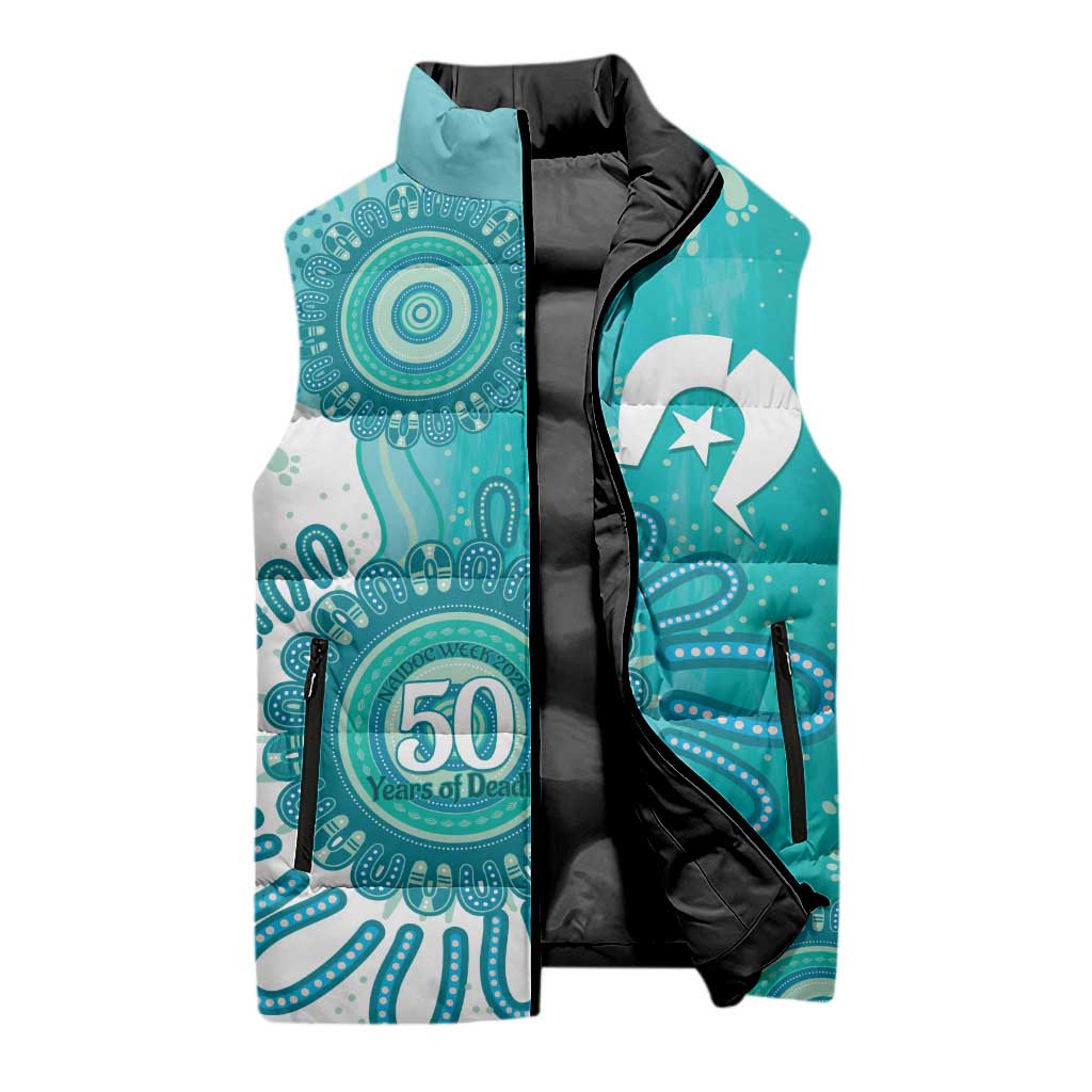 NAIDOC Week 2026 Sleeveless Puffer Jacket 50 Years Deadly Dhari Cyan Aboriginal Art