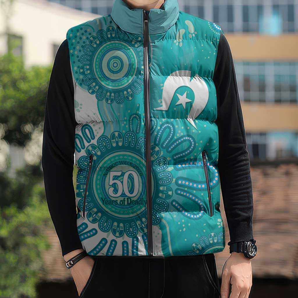 NAIDOC Week 2026 Sleeveless Puffer Jacket 50 Years Deadly Dhari Cyan Aboriginal Art