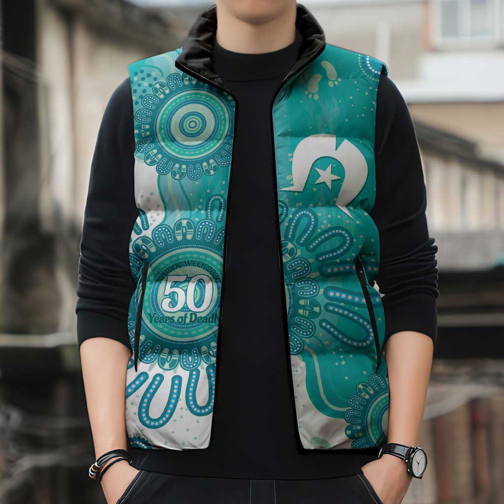 NAIDOC Week 2026 Sleeveless Puffer Jacket 50 Years Deadly Dhari Cyan Aboriginal Art