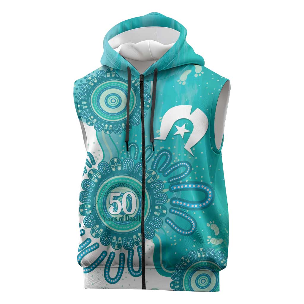 NAIDOC Week 2026 Sleeveless Zip Hoodie 50 Years Deadly Dhari Cyan Aboriginal Art