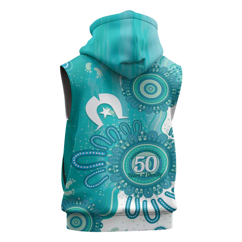 NAIDOC Week 2026 Sleeveless Zip Hoodie 50 Years Deadly Dhari Cyan Aboriginal Art