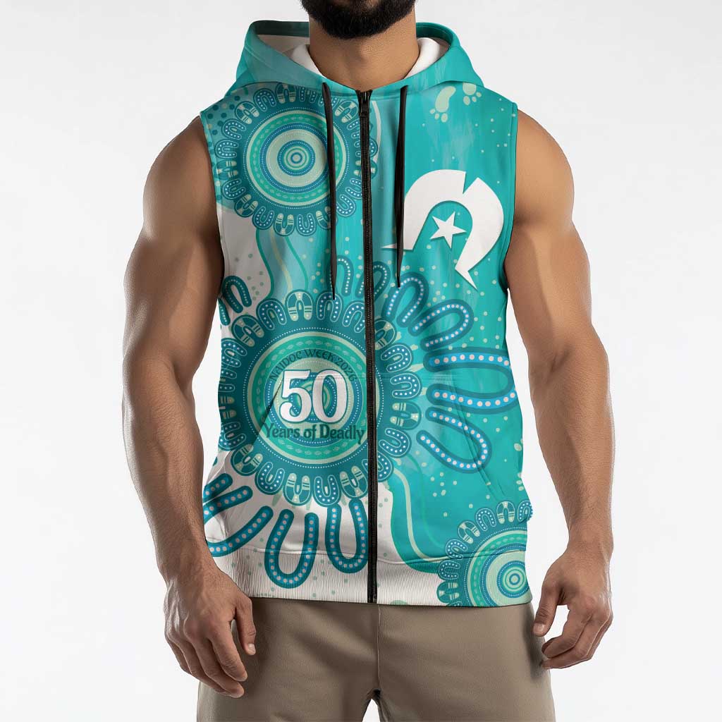 NAIDOC Week 2026 Sleeveless Zip Hoodie 50 Years Deadly Dhari Cyan Aboriginal Art