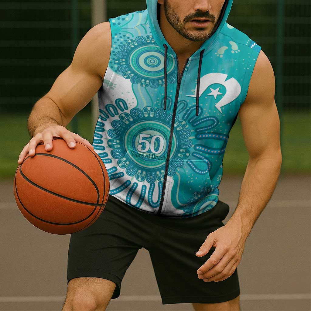 NAIDOC Week 2026 Sleeveless Zip Hoodie 50 Years Deadly Dhari Cyan Aboriginal Art