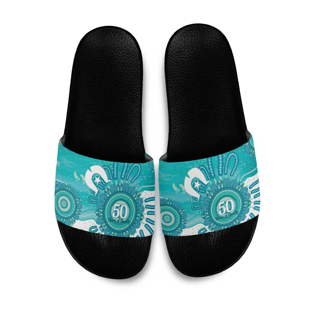 NAIDOC Week 2026 Slide Sandals 50 Years Deadly Dhari Cyan Aboriginal Art