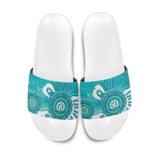 NAIDOC Week 2026 Slide Sandals 50 Years Deadly Dhari Cyan Aboriginal Art