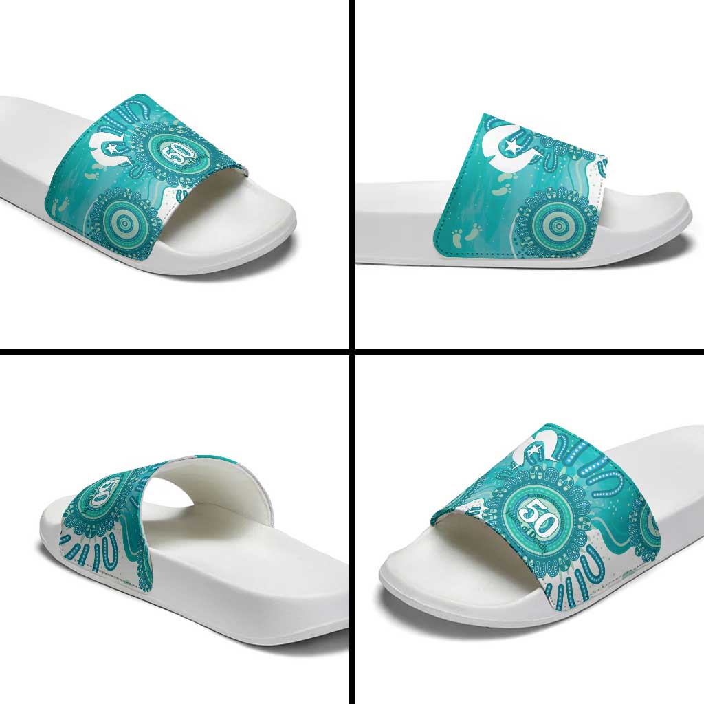 NAIDOC Week 2026 Slide Sandals 50 Years Deadly Dhari Cyan Aboriginal Art