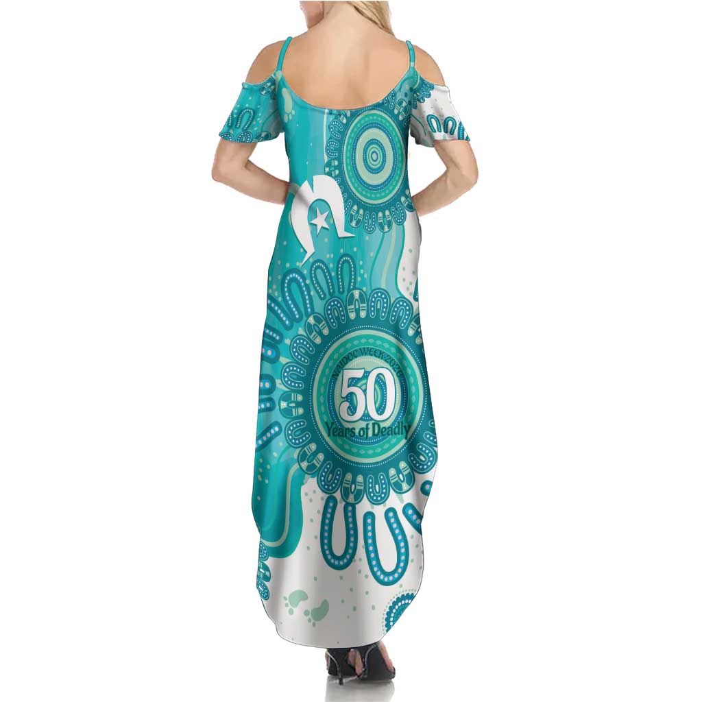 NAIDOC Week 2026 Summer Maxi Dress 50 Years Deadly Dhari Cyan Aboriginal Art