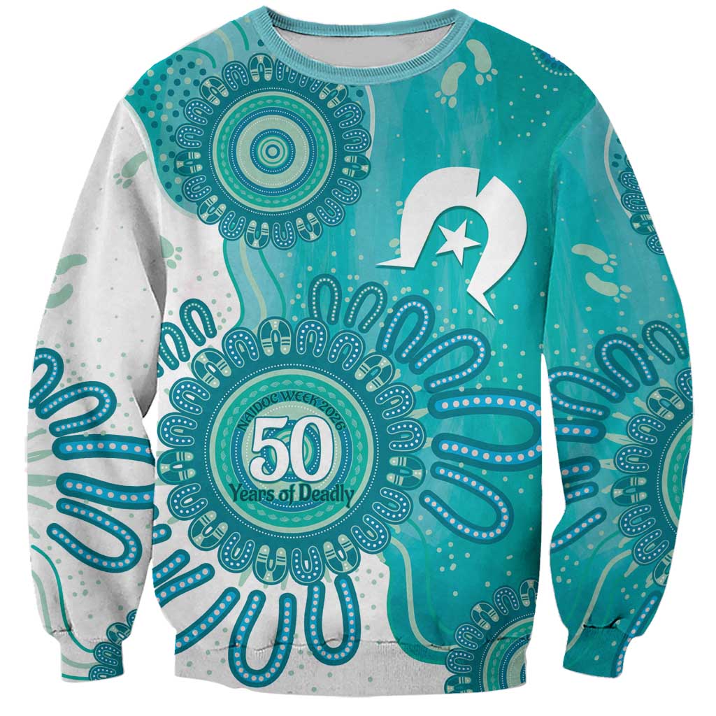 NAIDOC Week 2026 Sweatshirt 50 Years Deadly Dhari Cyan Aboriginal Art