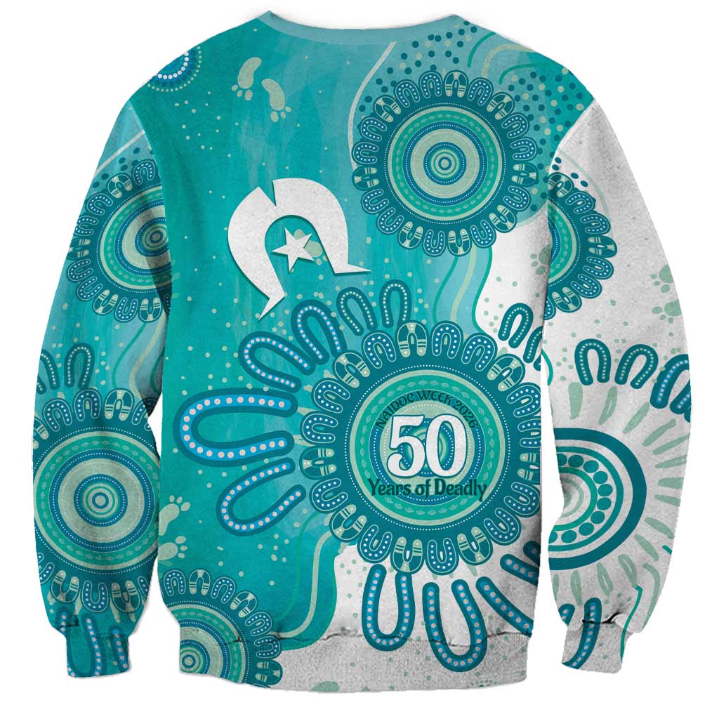 NAIDOC Week 2026 Sweatshirt 50 Years Deadly Dhari Cyan Aboriginal Art