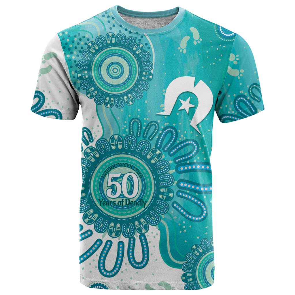 NAIDOC Week 2026 T Shirt 50 Years Deadly Dhari Cyan Aboriginal Art