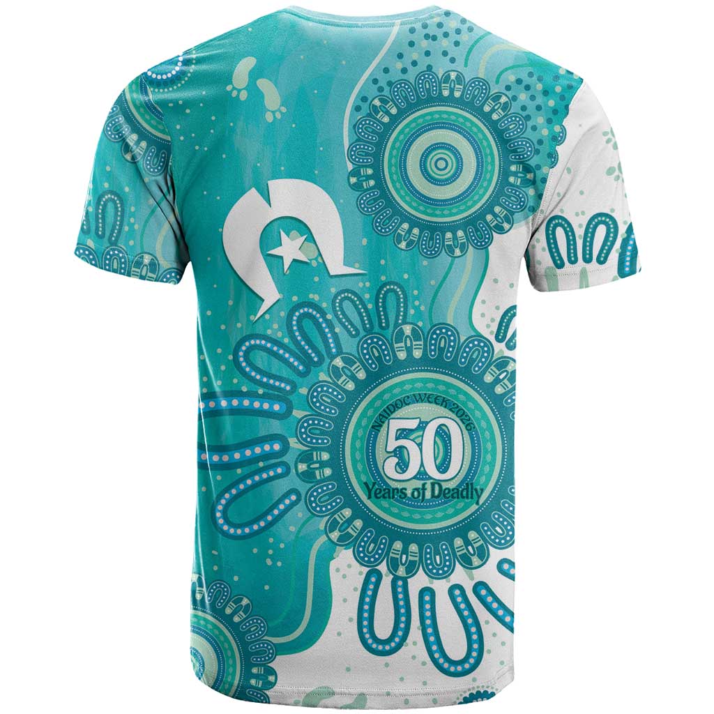 NAIDOC Week 2026 T Shirt 50 Years Deadly Dhari Cyan Aboriginal Art