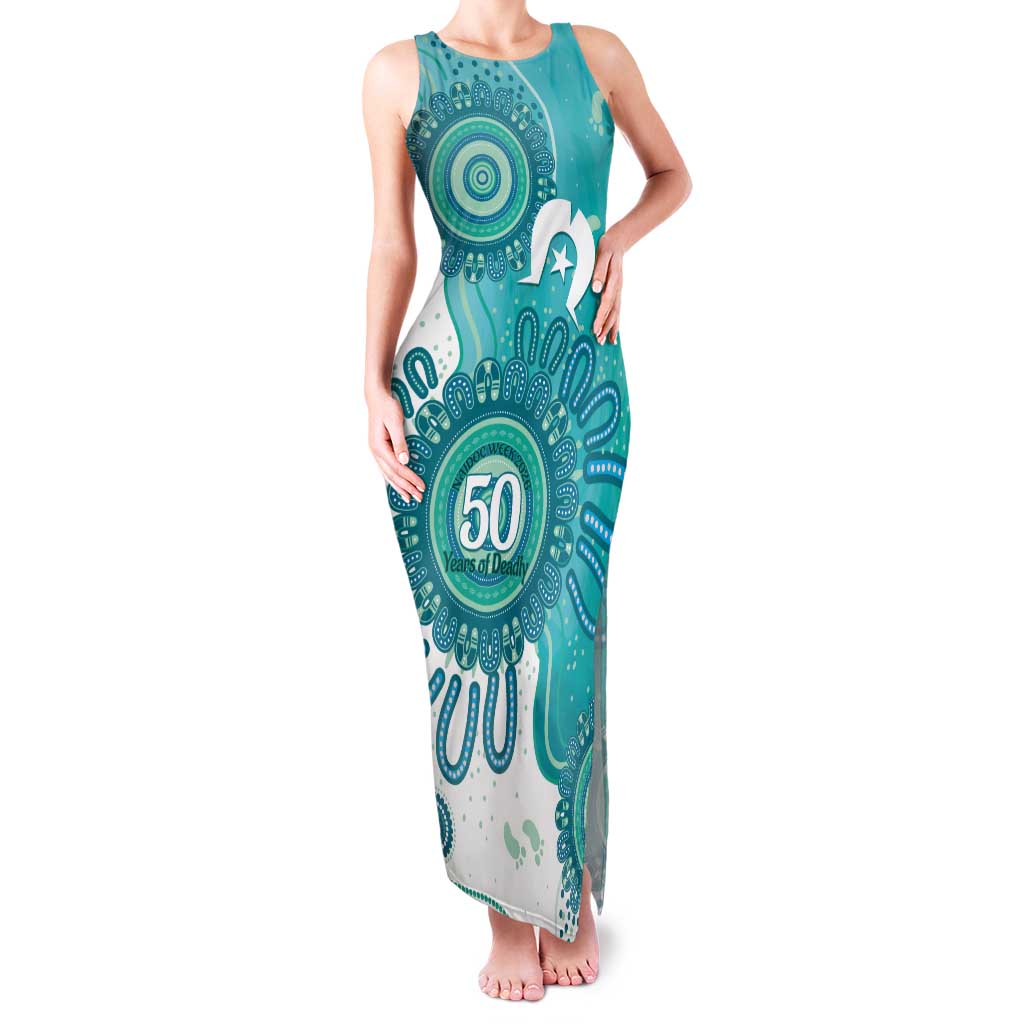 NAIDOC Week 2026 Tank Maxi Dress 50 Years Deadly Dhari Cyan Aboriginal Art