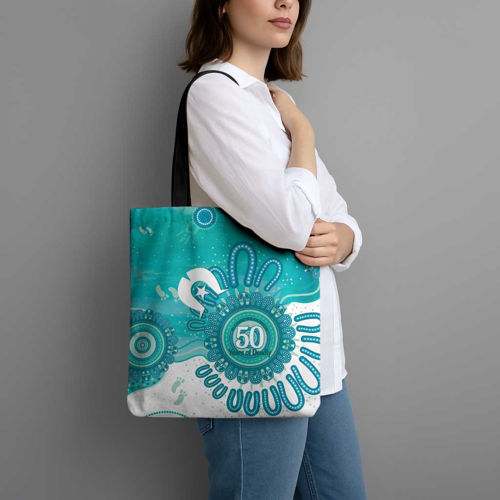 NAIDOC Week 2026 Tote Bag 50 Years Deadly Dhari Cyan Aboriginal Art