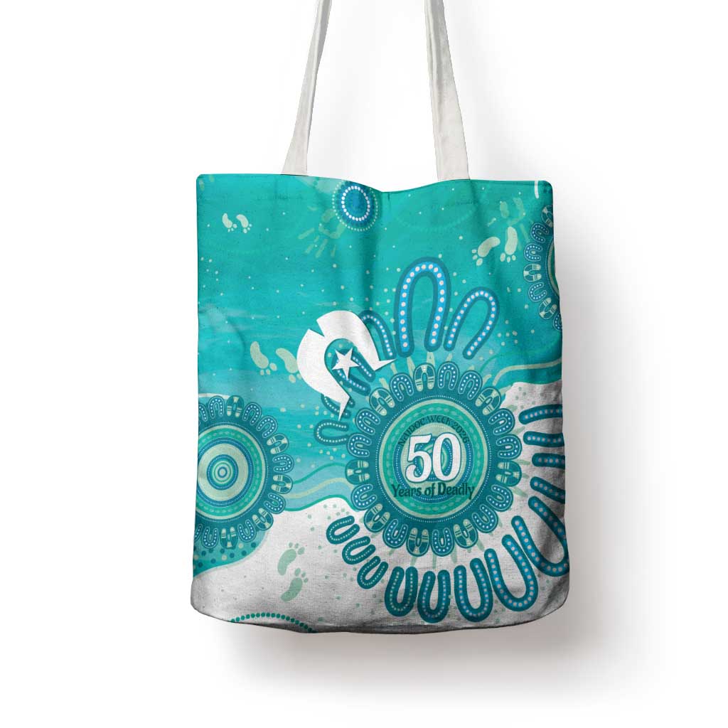 NAIDOC Week 2026 Tote Bag 50 Years Deadly Dhari Cyan Aboriginal Art