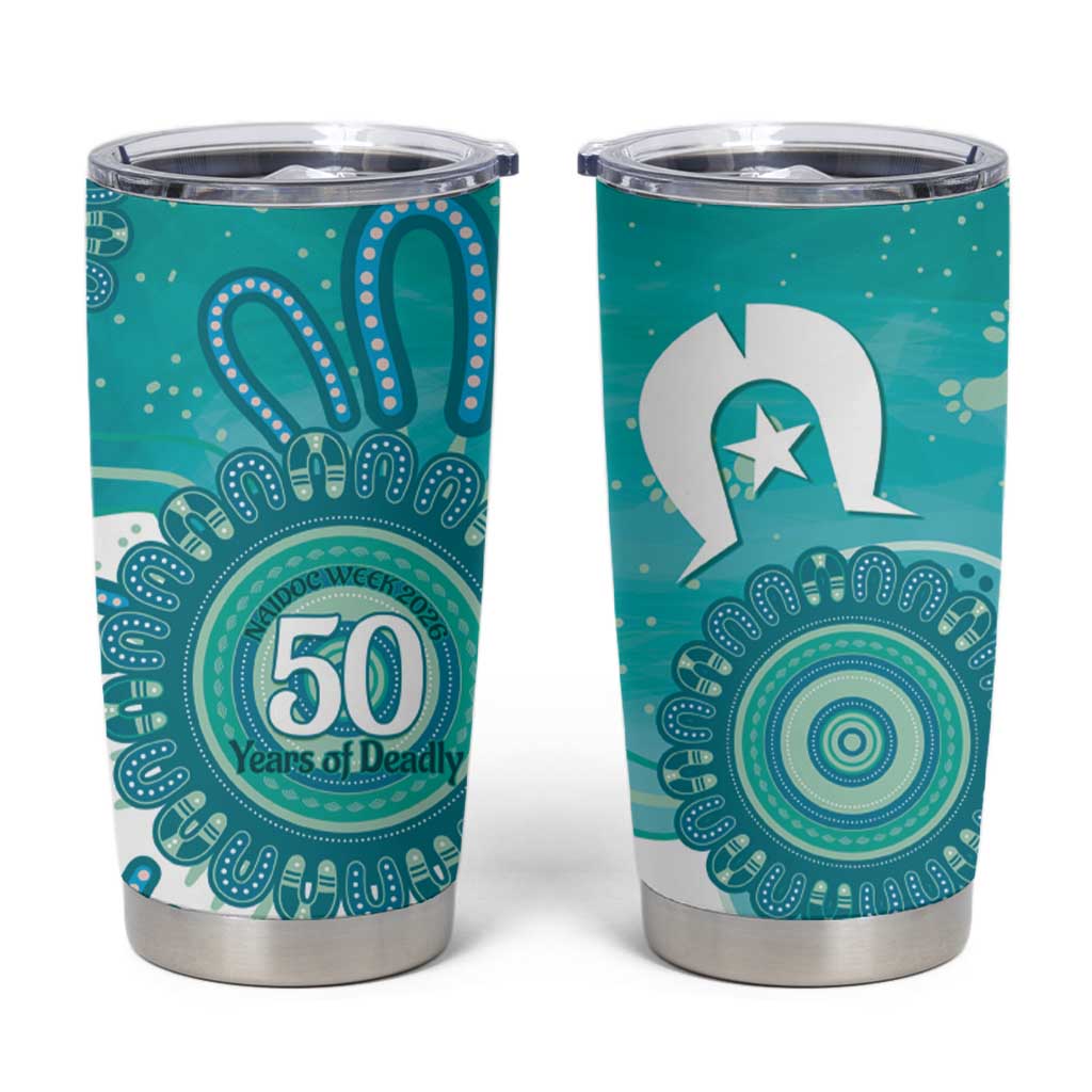 NAIDOC Week 2026 Tumbler Cup 50 Years Deadly Dhari Cyan Aboriginal Art