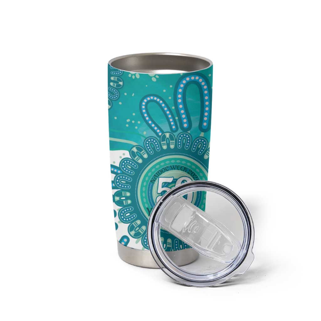 NAIDOC Week 2026 Tumbler Cup 50 Years Deadly Dhari Cyan Aboriginal Art