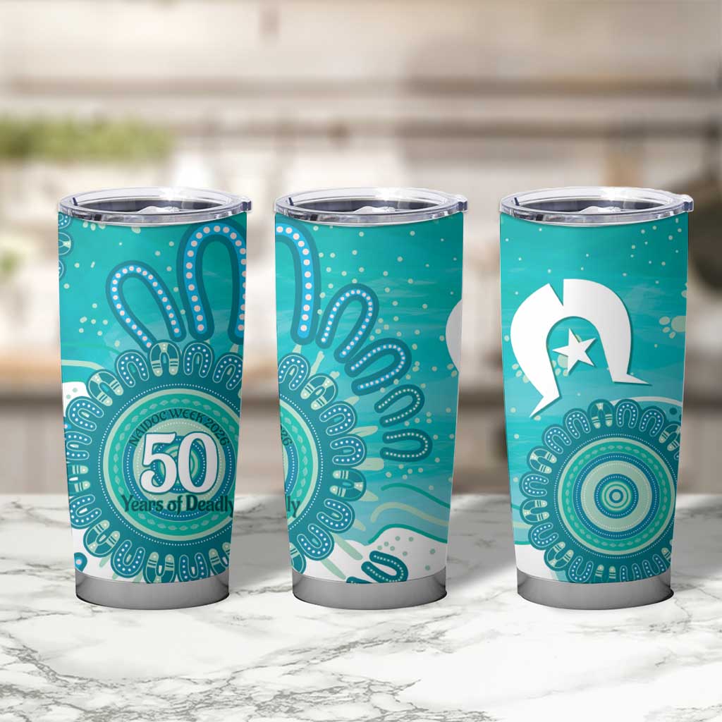 NAIDOC Week 2026 Tumbler Cup 50 Years Deadly Dhari Cyan Aboriginal Art