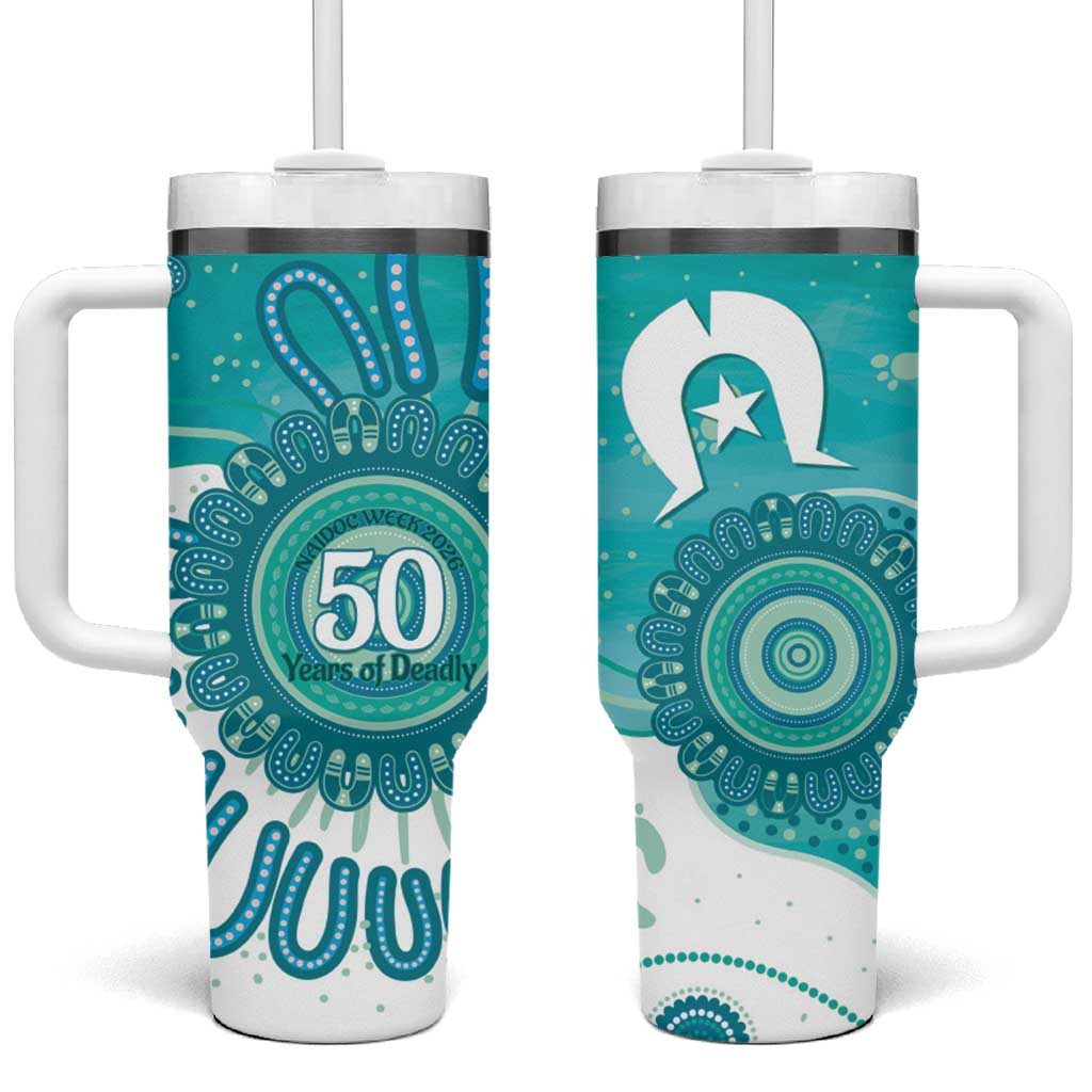 NAIDOC Week 2026 Tumbler With Handle 50 Years Deadly Dhari Cyan Aboriginal Art