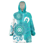 NAIDOC Week 2026 Wearable Blanket Hoodie 50 Years Deadly Dhari Cyan Aboriginal Art