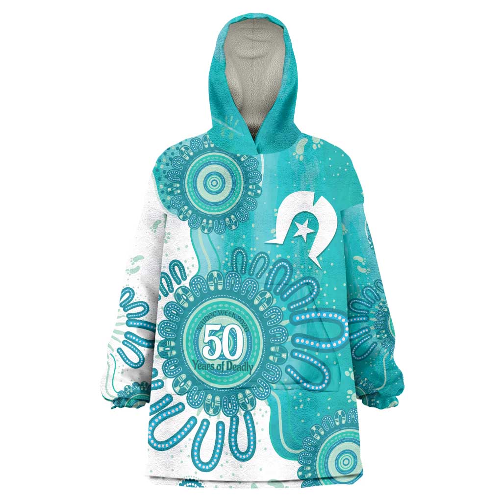 NAIDOC Week 2026 Wearable Blanket Hoodie 50 Years Deadly Dhari Cyan Aboriginal Art