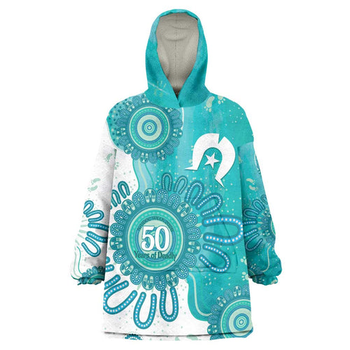 NAIDOC Week 2026 Wearable Blanket Hoodie 50 Years Deadly Dhari Cyan Aboriginal Art