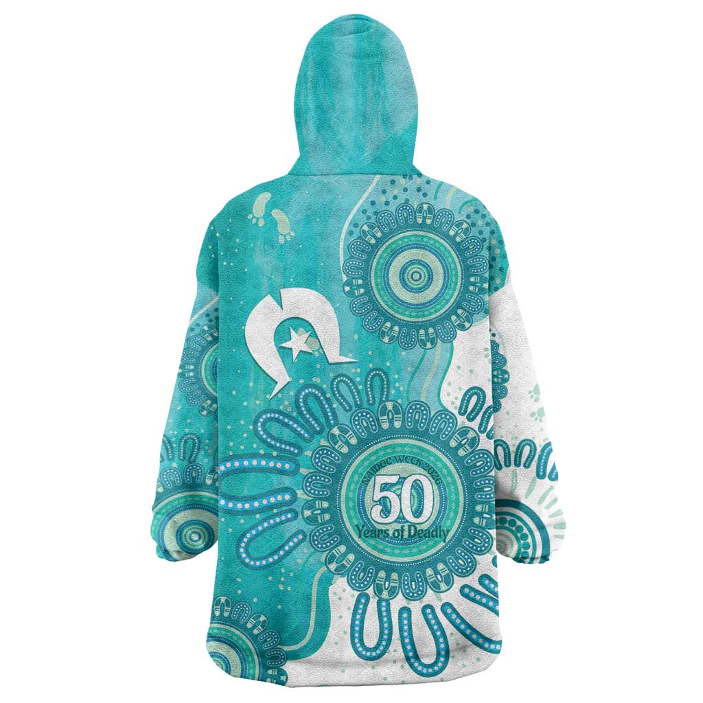 NAIDOC Week 2026 Wearable Blanket Hoodie 50 Years Deadly Dhari Cyan Aboriginal Art