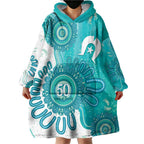 NAIDOC Week 2026 Wearable Blanket Hoodie 50 Years Deadly Dhari Cyan Aboriginal Art